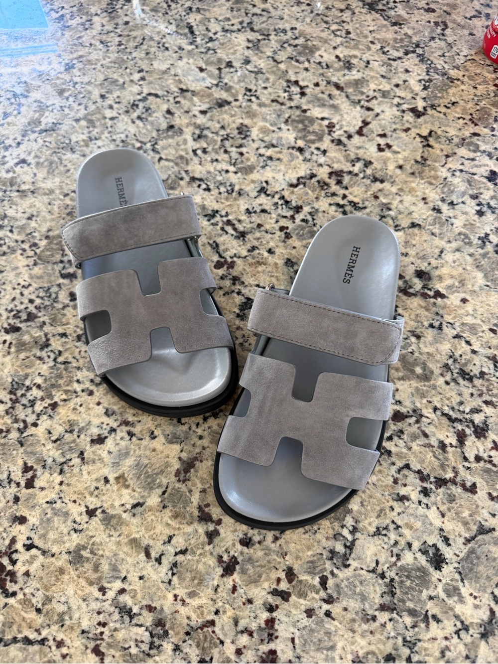 Hermes Grey Suede H-Logo Slide Sandals